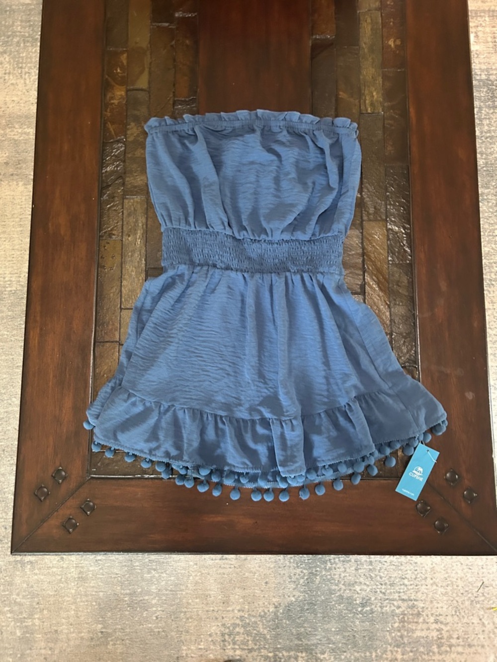 Cupshe Blue Strapless Pom Pom Hem Coverup